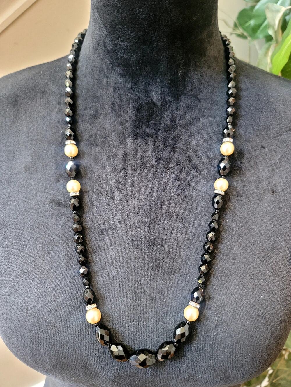 Black Faceted Bead Faux Pearl Long Necklace Rhinestone Spacer Elegant Classic